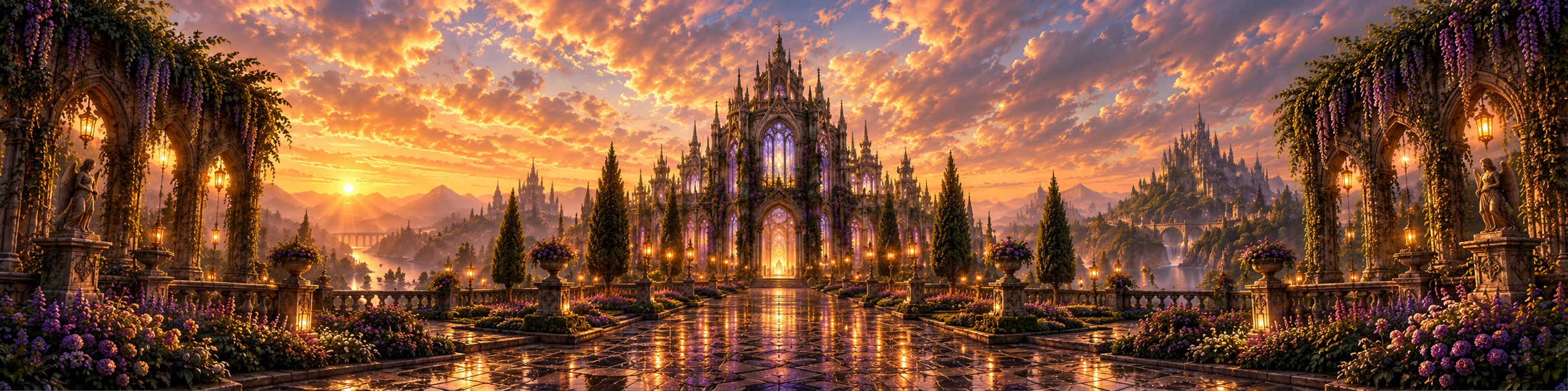 A cathedral of light at sunset, wisteria arches and still water